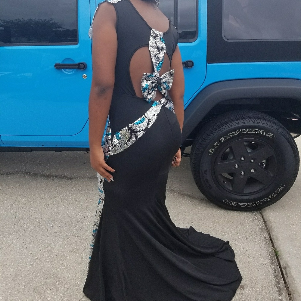 Black silver and teal blue prom or evening dress - Picture 2 of 2